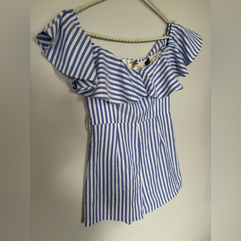 Striped Off-Shoulder Ruffle Romper - Size XS